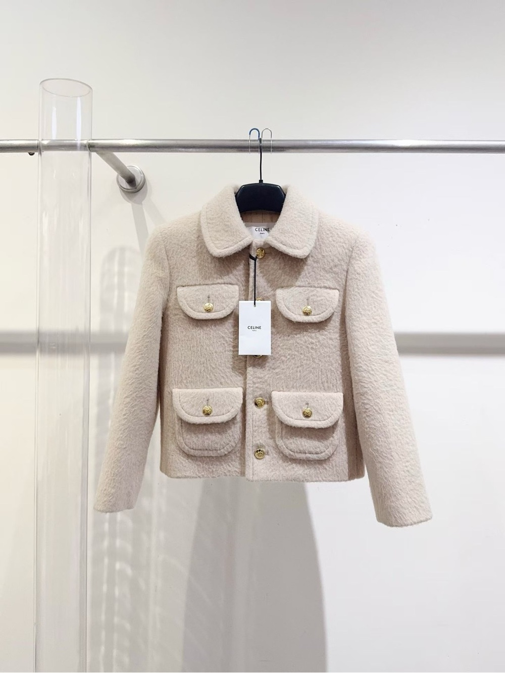 Celine Cream Textured Pea Coat with Gold Buttons